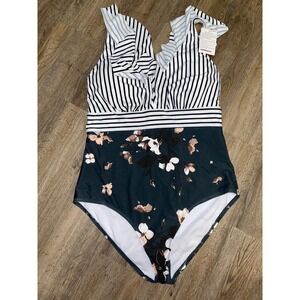 NWT Cocoship Womens One Piece, Floral/Stripped, Sz 14